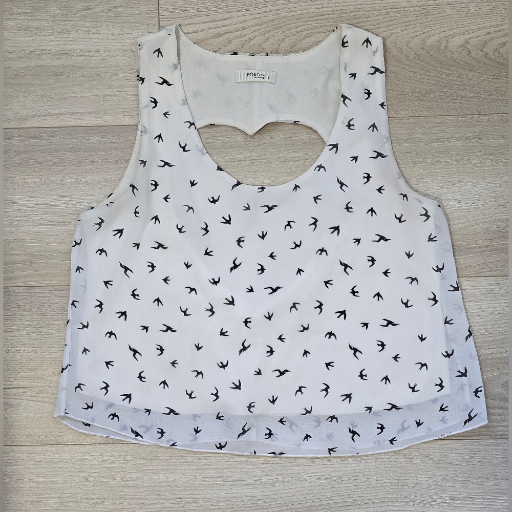 Poetry white with black bird print sleeveless tank top size L